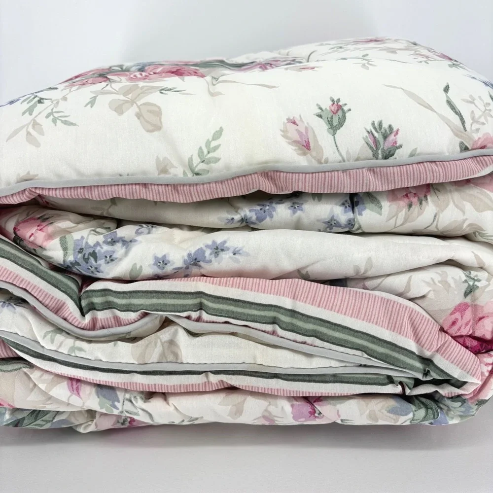 Vintage Bibb Co Charlotte II Floral Stripe Reversible Queen Comforter Pink Green